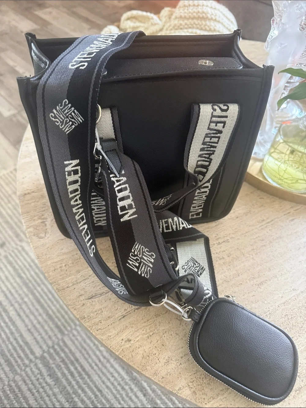 Steve Madden Black Satchel with White Branded Straps
